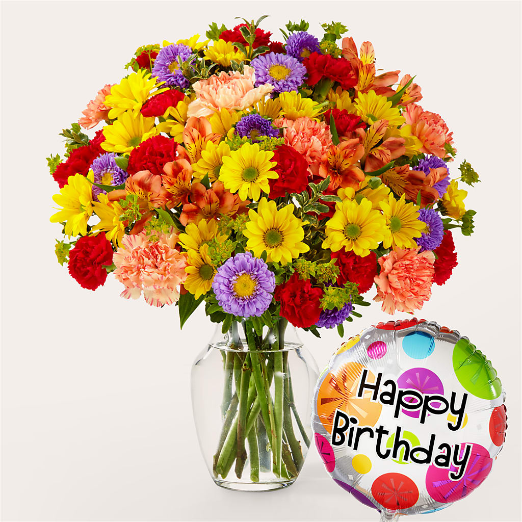 Kaleidoscope Bouquet with Birthday Balloon – South-east Flowers, Los Angeles CA