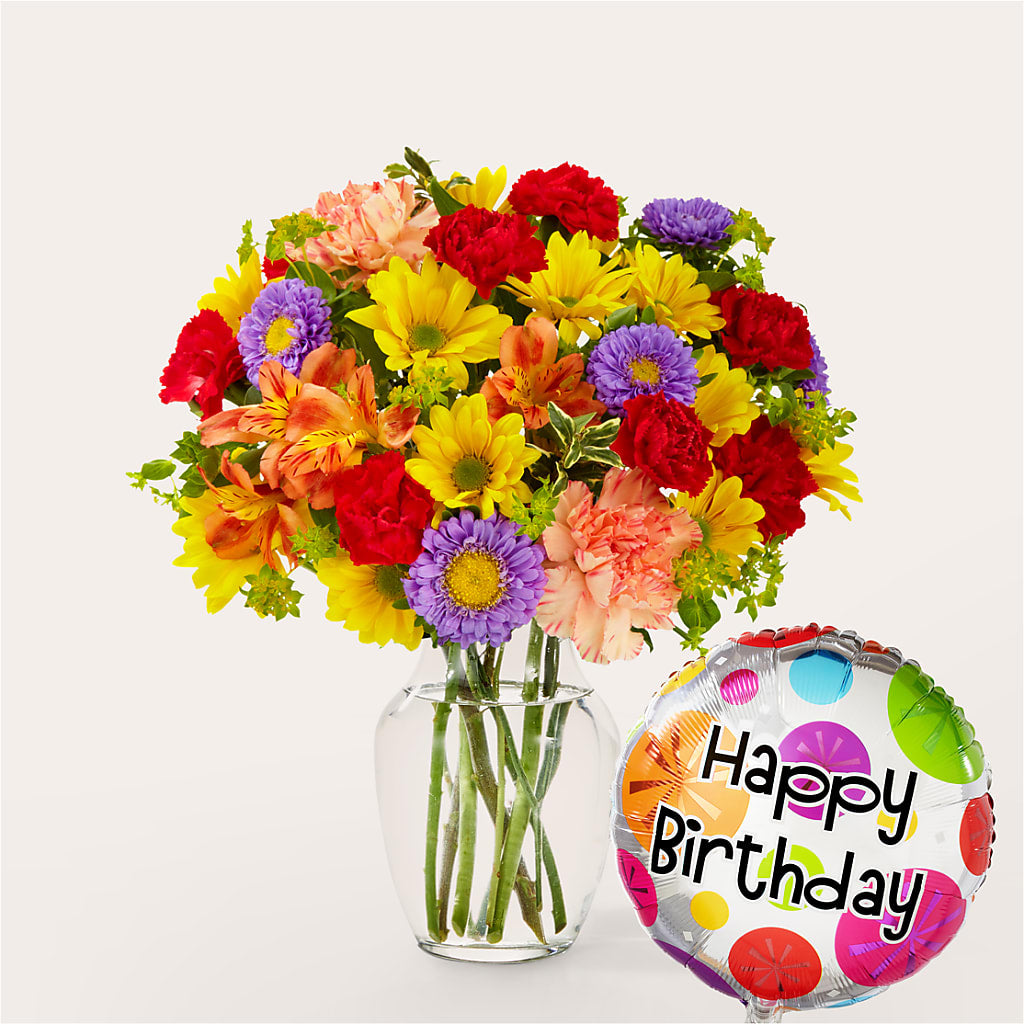 Kaleidoscope Bouquet with Birthday Balloon – South-east Flowers, Los Angeles CA