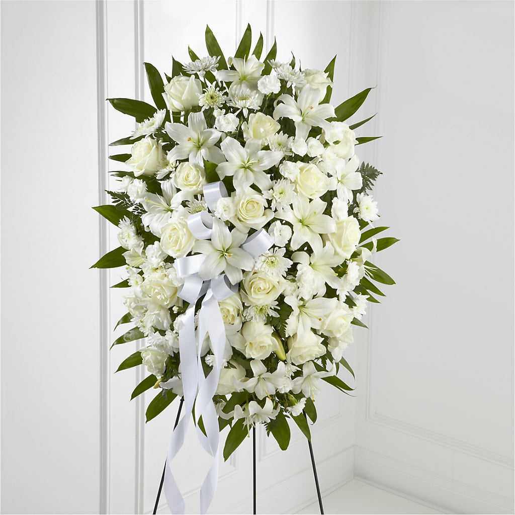 Exquisite Tribute Standing Spray-White Ribbon – South-east Flowers, Los Angeles CA