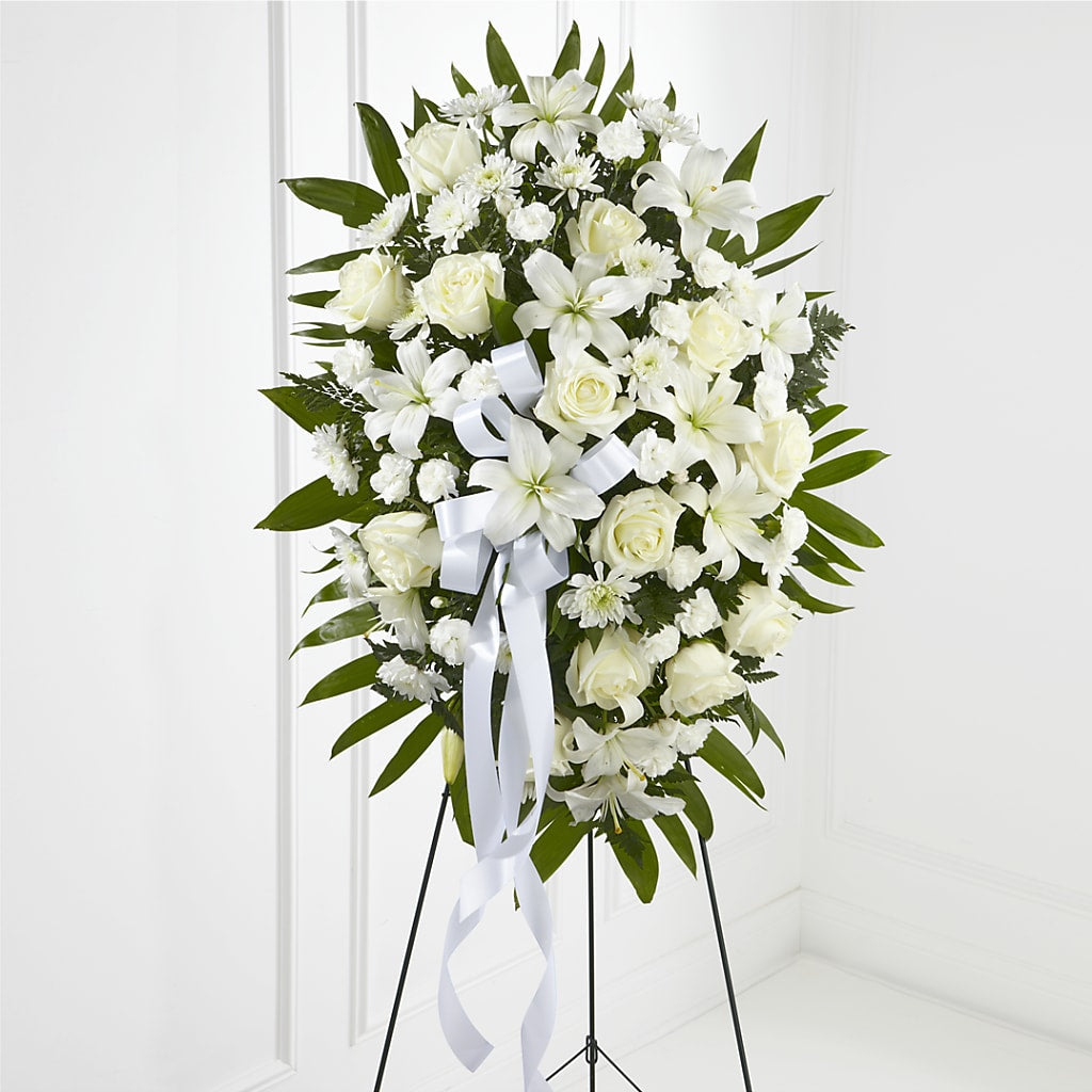 Exquisite Tribute Standing Spray-White Ribbon – South-east Flowers, Los Angeles CA