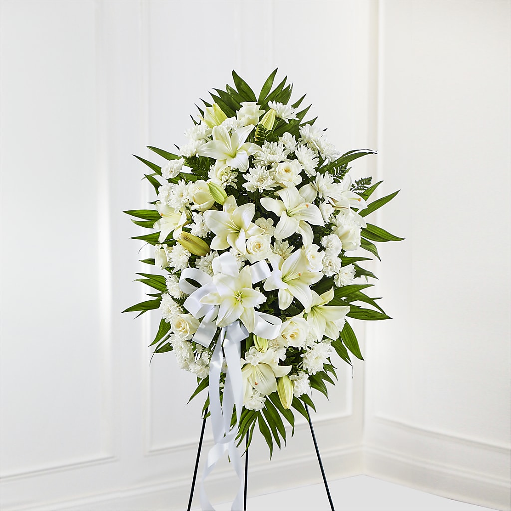 Exquisite Tribute Standing Spray-White Ribbon – South-east Flowers, Los Angeles CA
