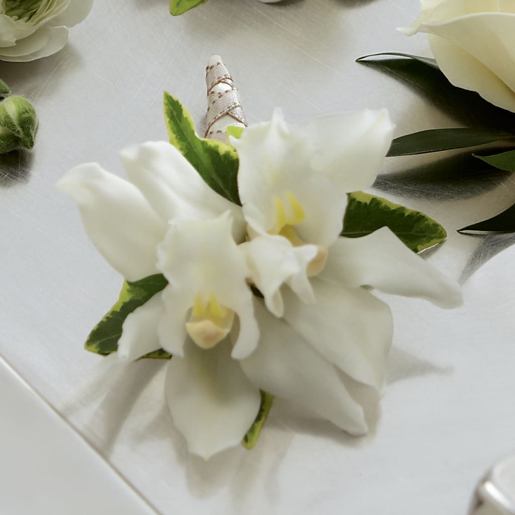 White Mini Cymbidium Boutonniere – South-east Flowers, Los Angeles CA